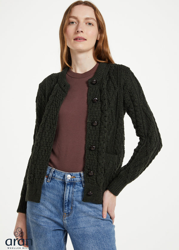 Inagh Ladies Aran Cardigan | Army Green | 100% Worsted Wool