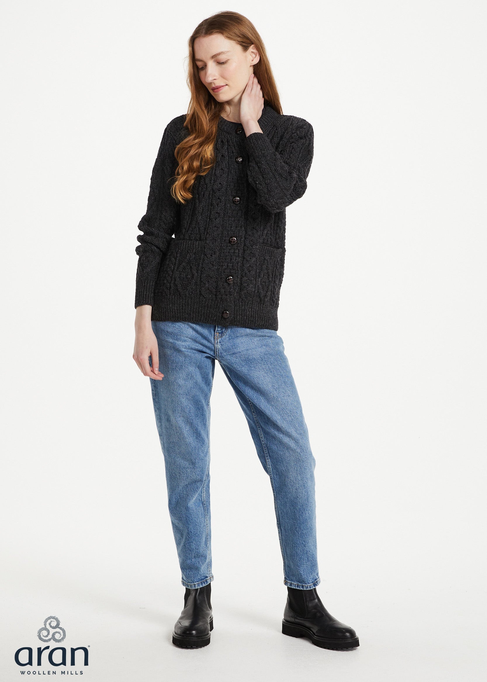 Inagh Ladies Aran Cardigan | Charcoal Worsted Wool