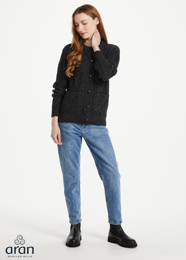 Inagh Ladies Aran Cardigan | Charcoal Worsted Wool