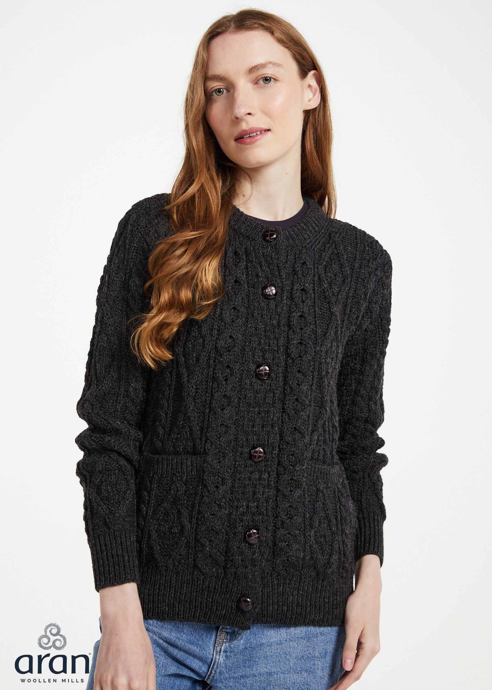 Inagh Ladies Aran Cardigan | Charcoal Worsted Wool