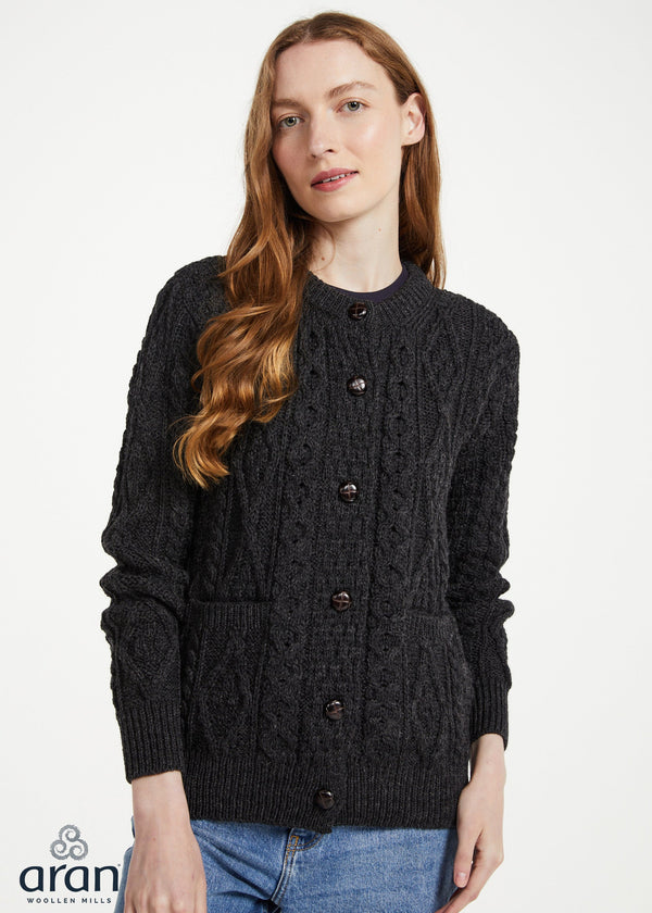 Inagh Ladies Aran Cardigan | Charcoal Worsted Wool
