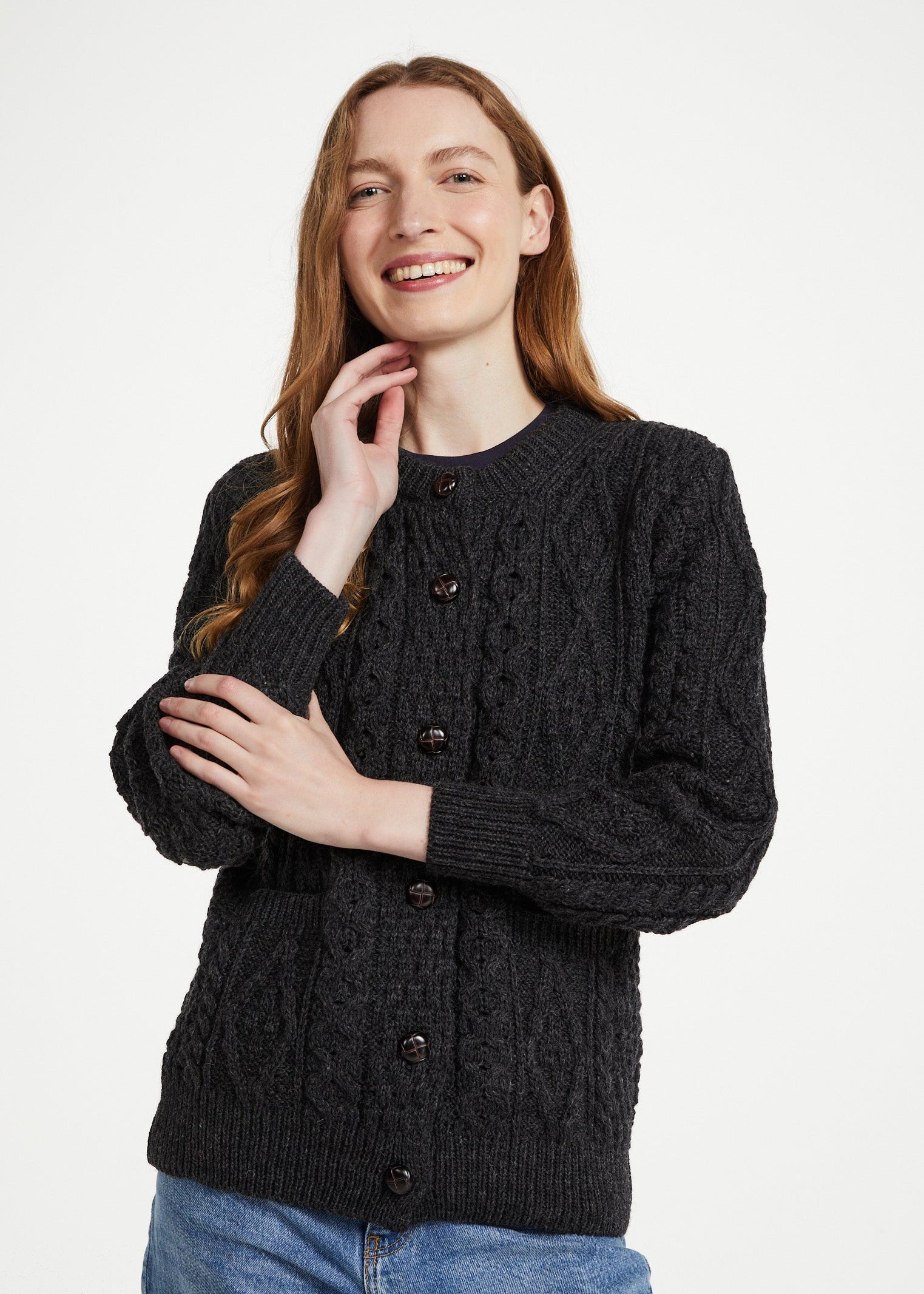 Inagh Ladies Aran Cardigan | Charcoal Worsted Wool