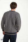 Mens Stripe Crewneck Merino Aran Sweater | Grey Charcoal - Clearance