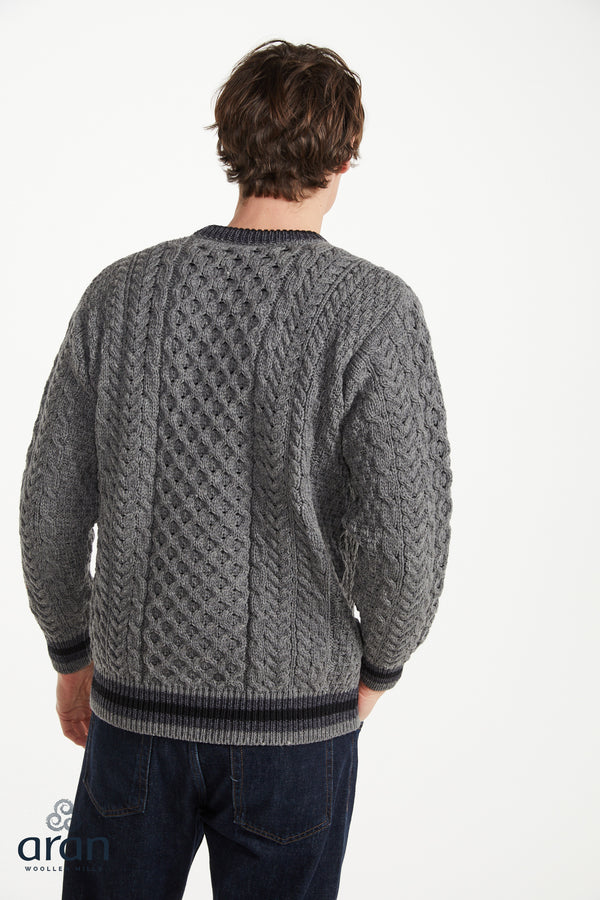 Mens Stripe Crewneck Merino Aran Sweater | Grey Charcoal - Clearance