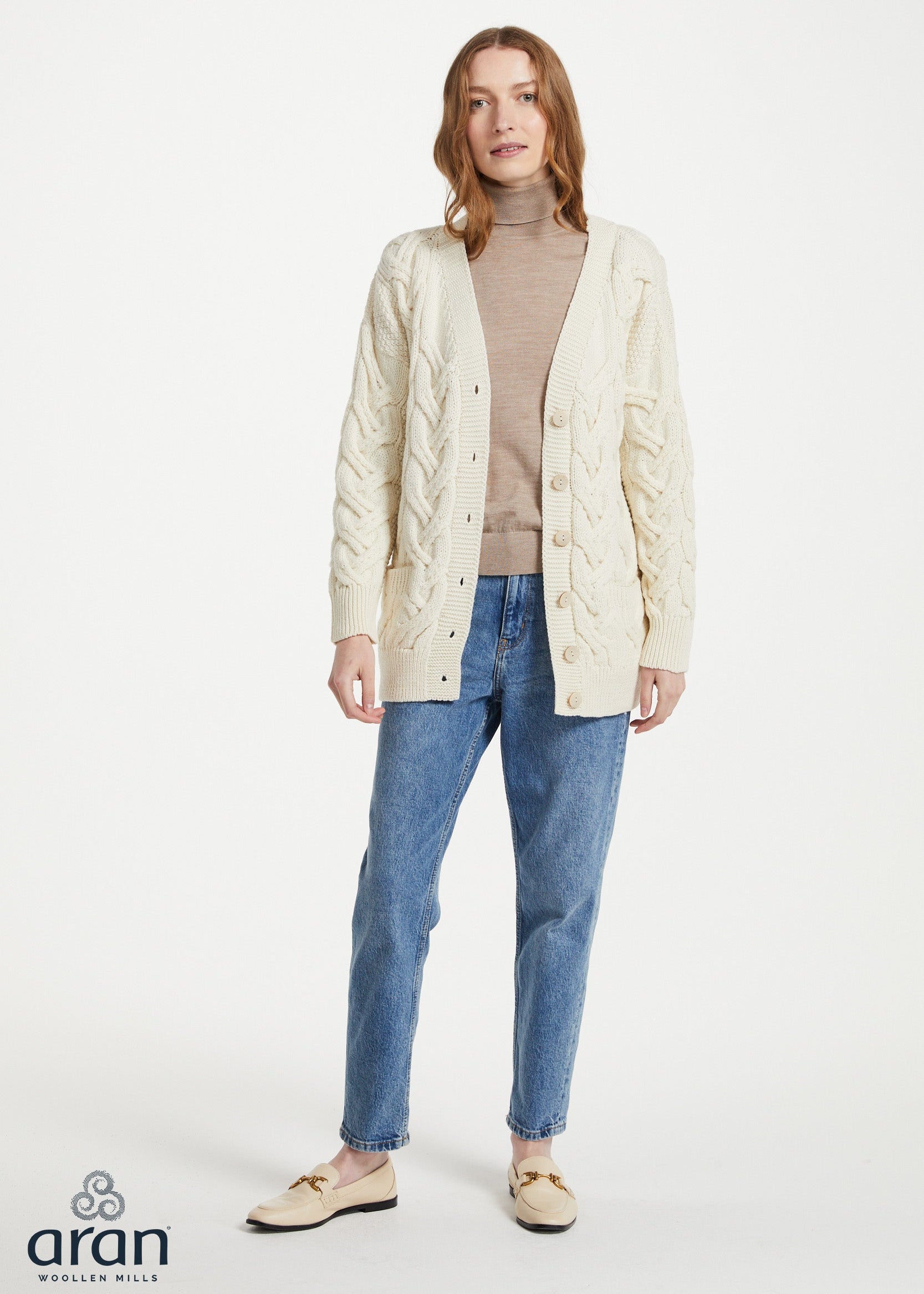 Downpatrick Ladies Merino Wool Aran Cardigan | Natural