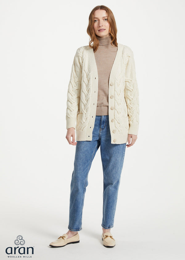 Downpatrick Ladies Merino Wool Aran Cardigan | Natural