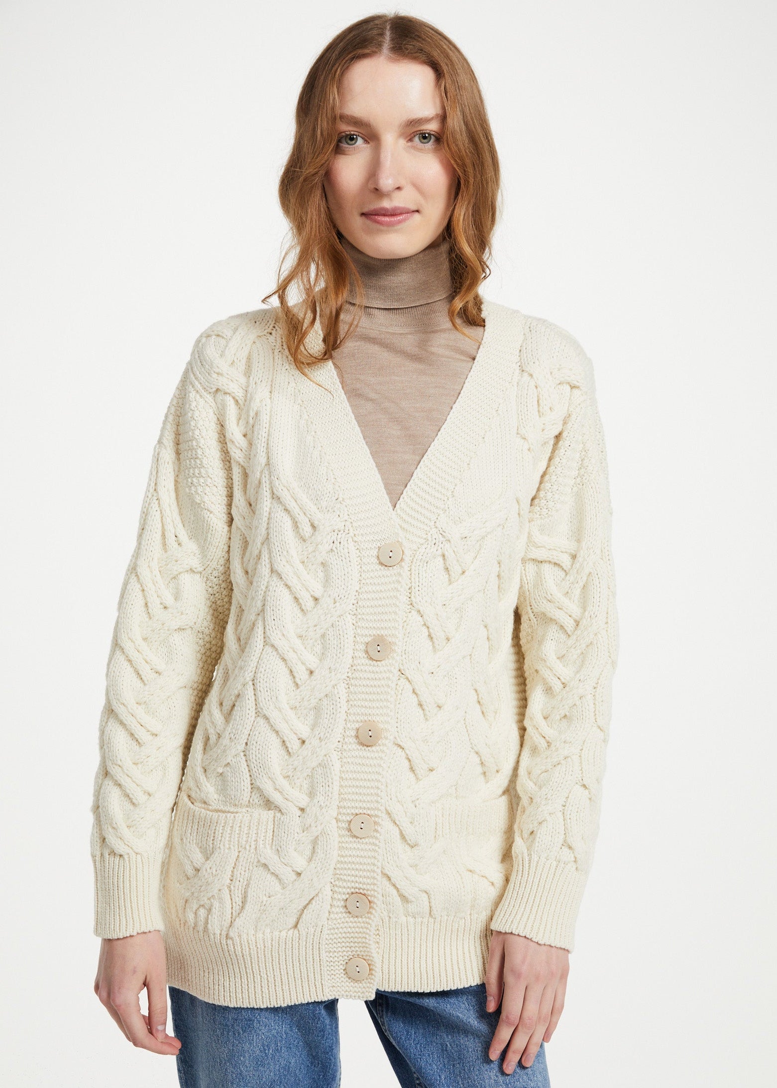 Downpatrick Ladies Merino Wool Aran Cardigan | Natural