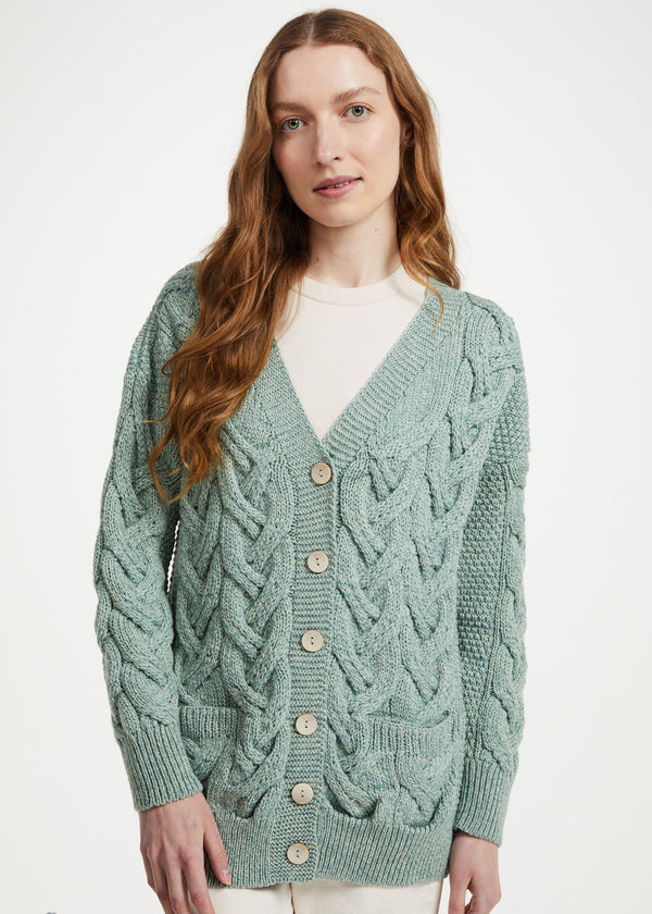 Downpatrick Ladies Merino Wool Aran Cardigan | Mint Green