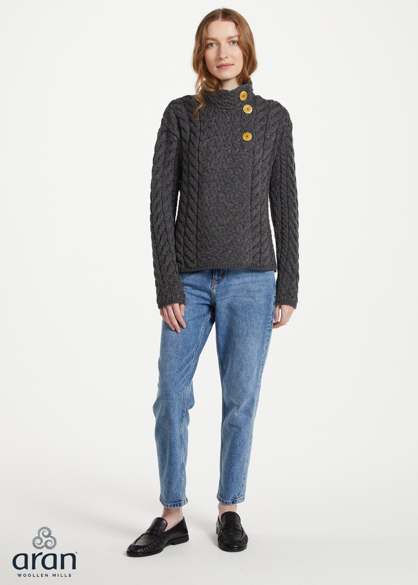 Aran 3 Buttons Trellis Cardigan | Charcoal