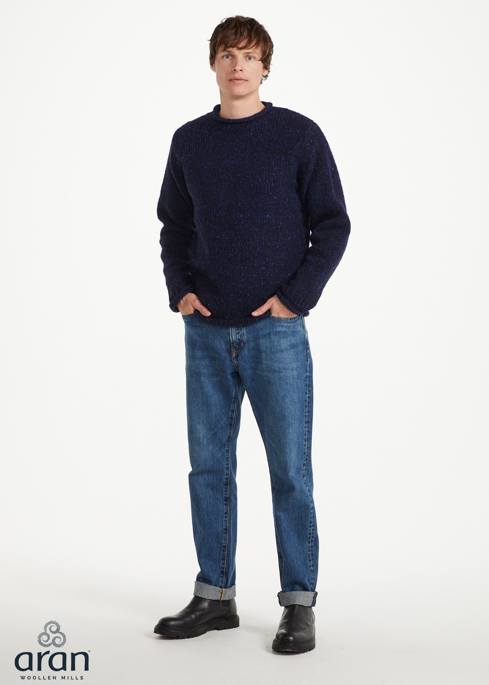 Men's Raheen Tweed Roll Neck Sweater - Navy Fleck | 100% Pure New Wool
