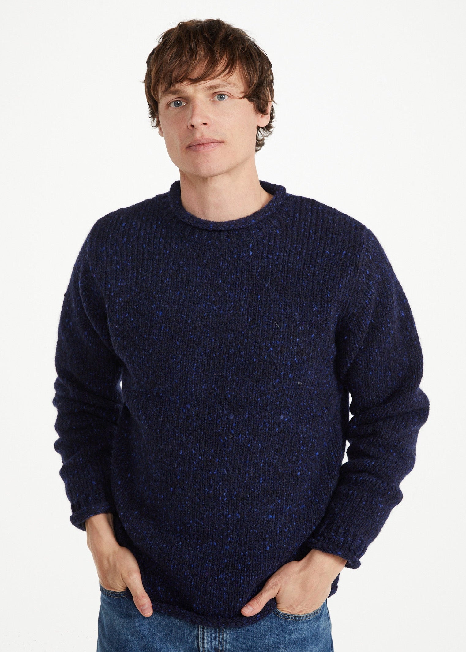 Men's Raheen Tweed Roll Neck Sweater - Navy Fleck | 100% Pure New Wool