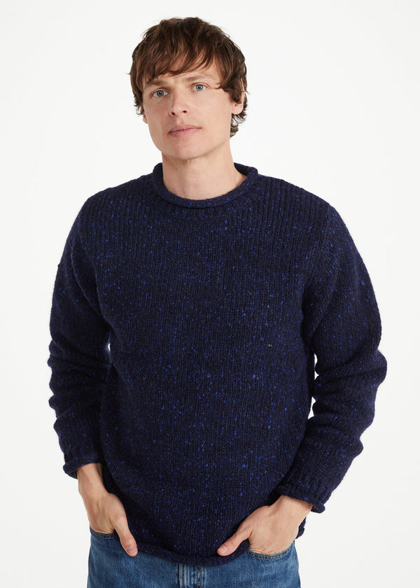 Men's Raheen Tweed Roll Neck Sweater - Navy Fleck | 100% Pure New Wool