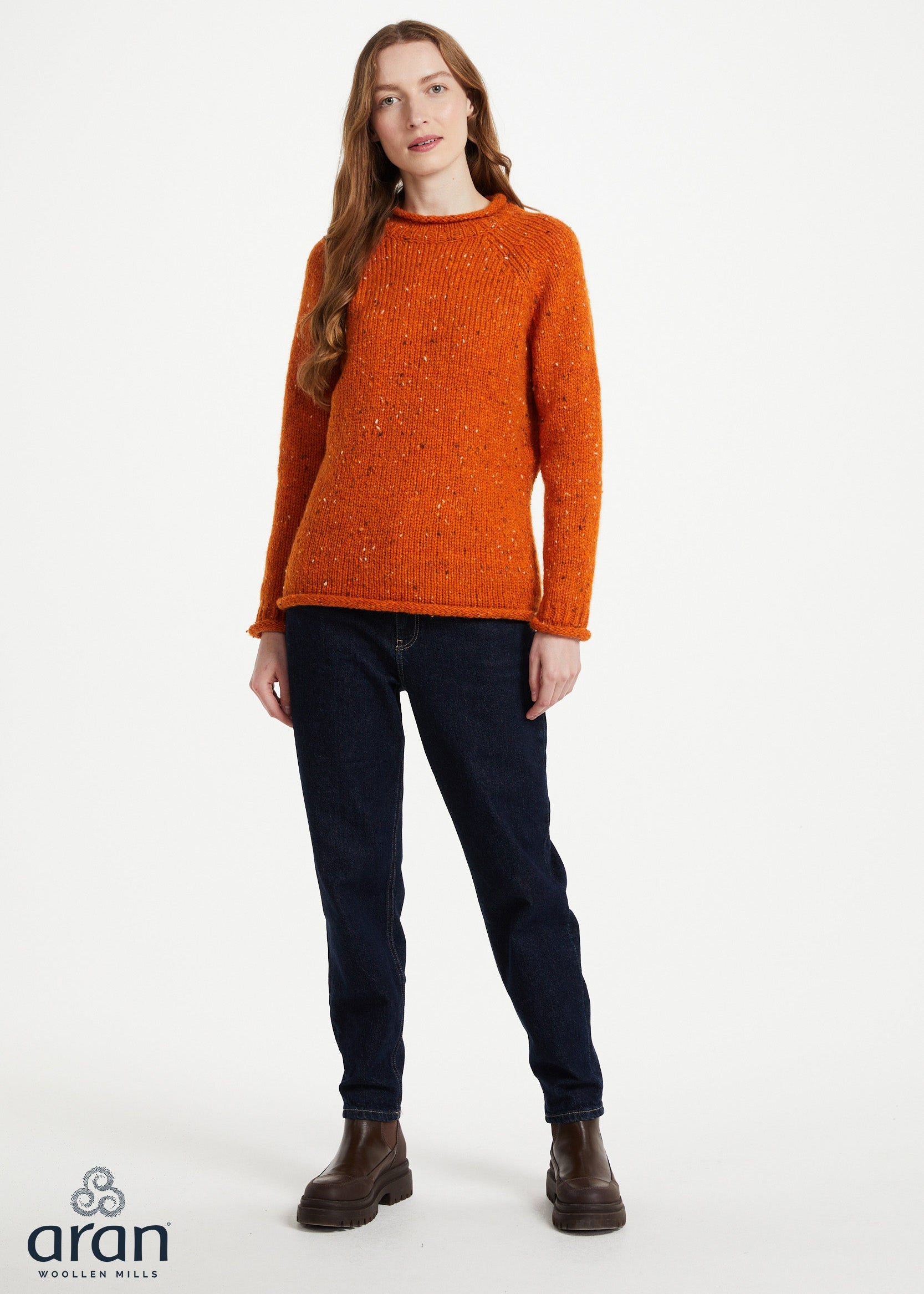 Ladies Donegal Roll Neck Sweater - Orange | 100% Wool Knitwear