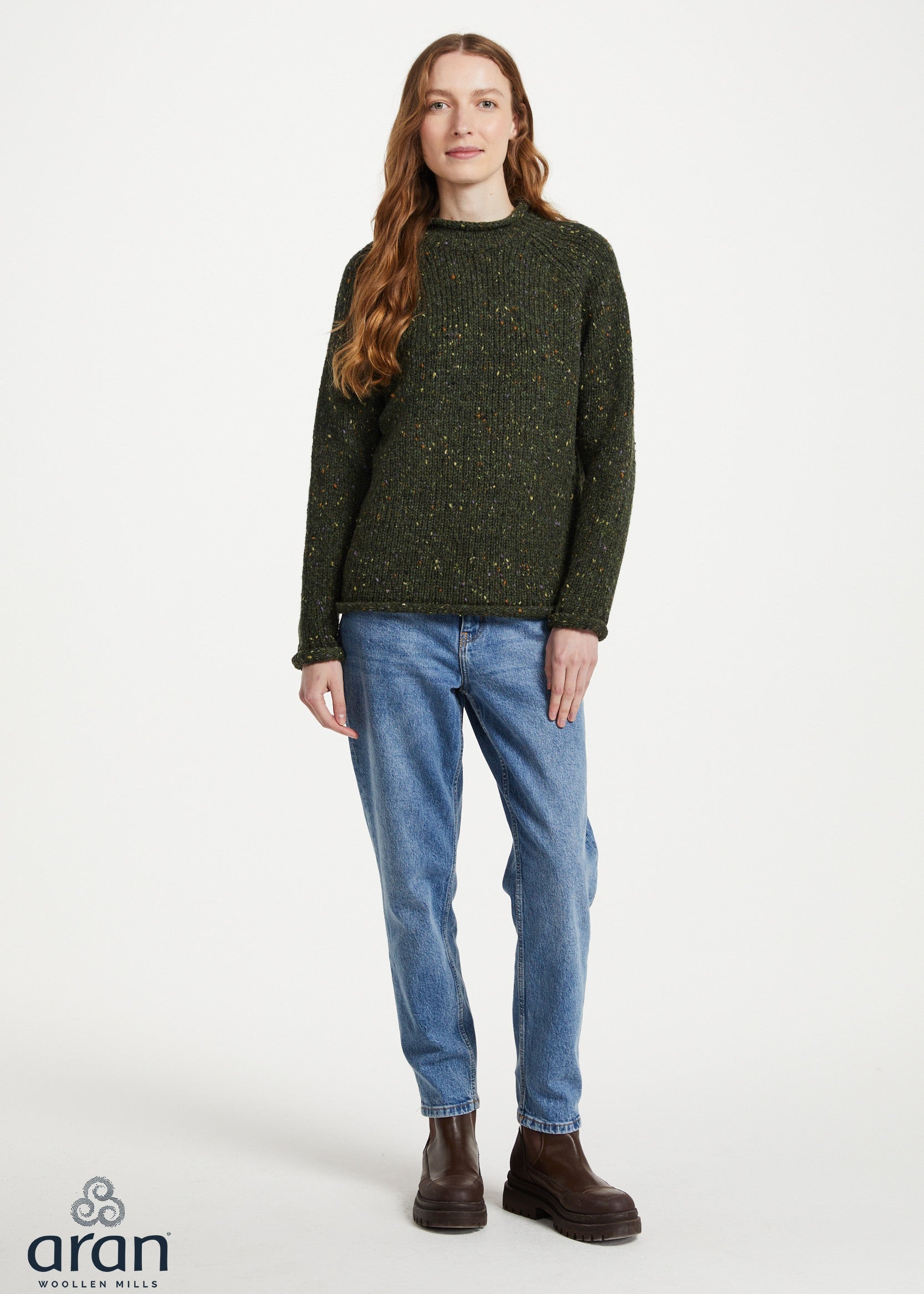 Ladies Donegal Roll Neck Sweater - Green | 100% Wool Knitwear