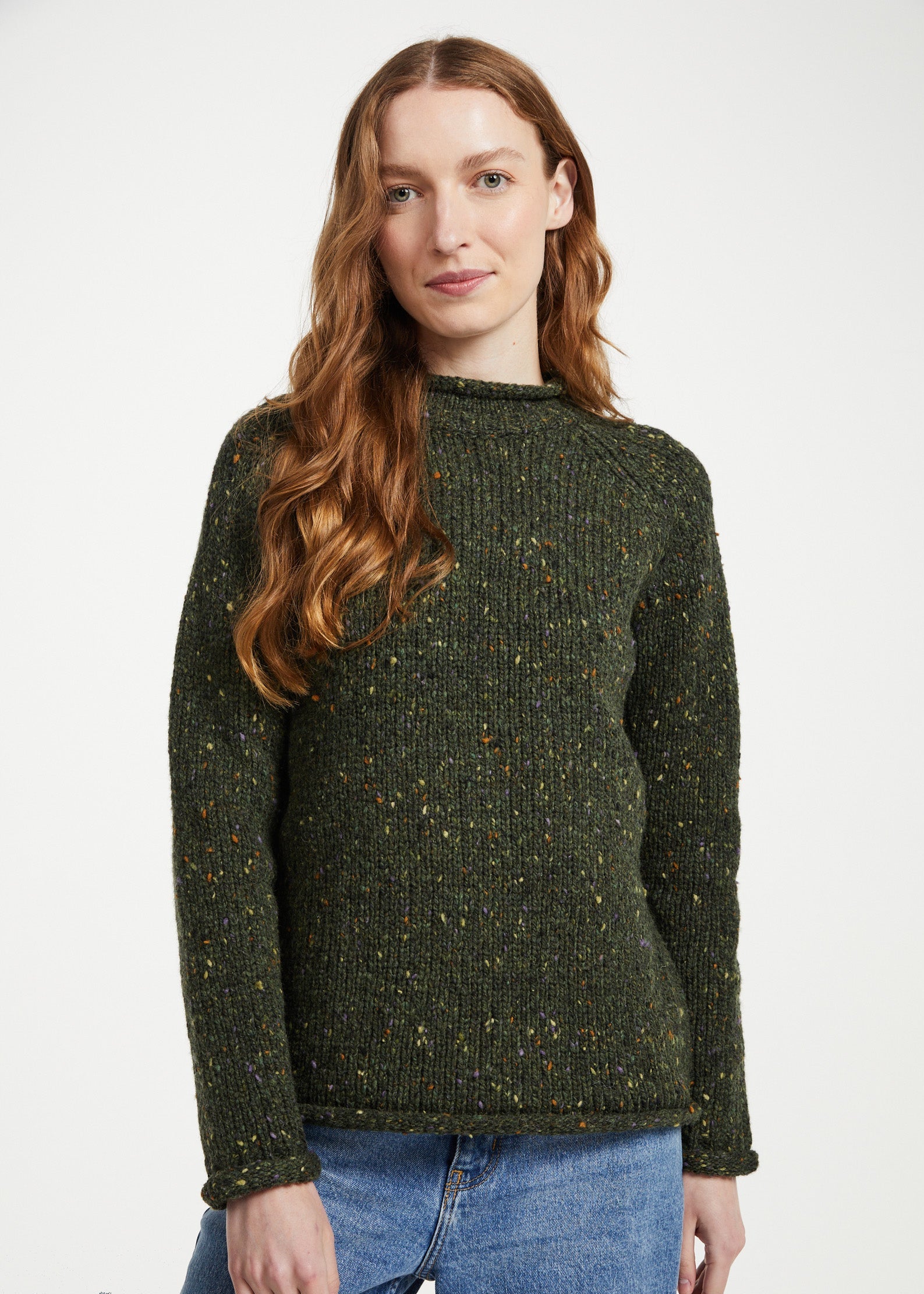 Ladies Donegal Roll Neck Sweater - Green | 100% Wool Knitwear