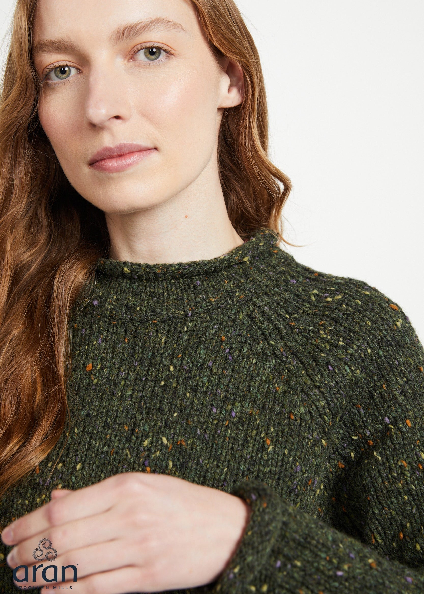 Ladies Donegal Roll Neck Sweater - Green | 100% Wool Knitwear