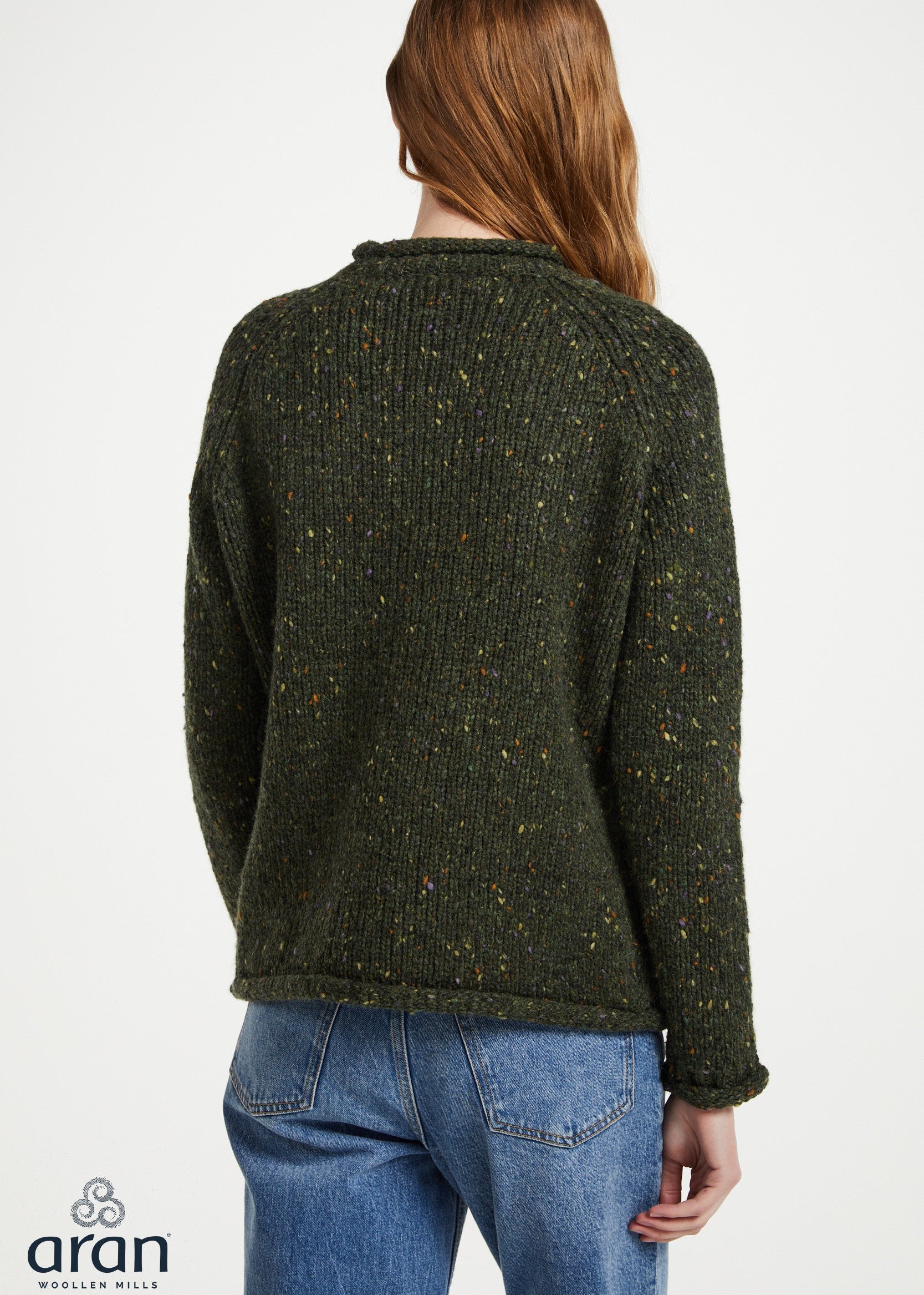 Ladies Donegal Roll Neck Sweater - Green | 100% Wool Knitwear