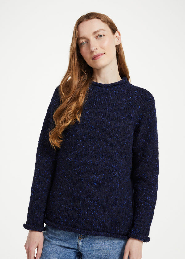 Women's Donegal Roll Neck Sweater - Navy | 100% Wool Knitwear