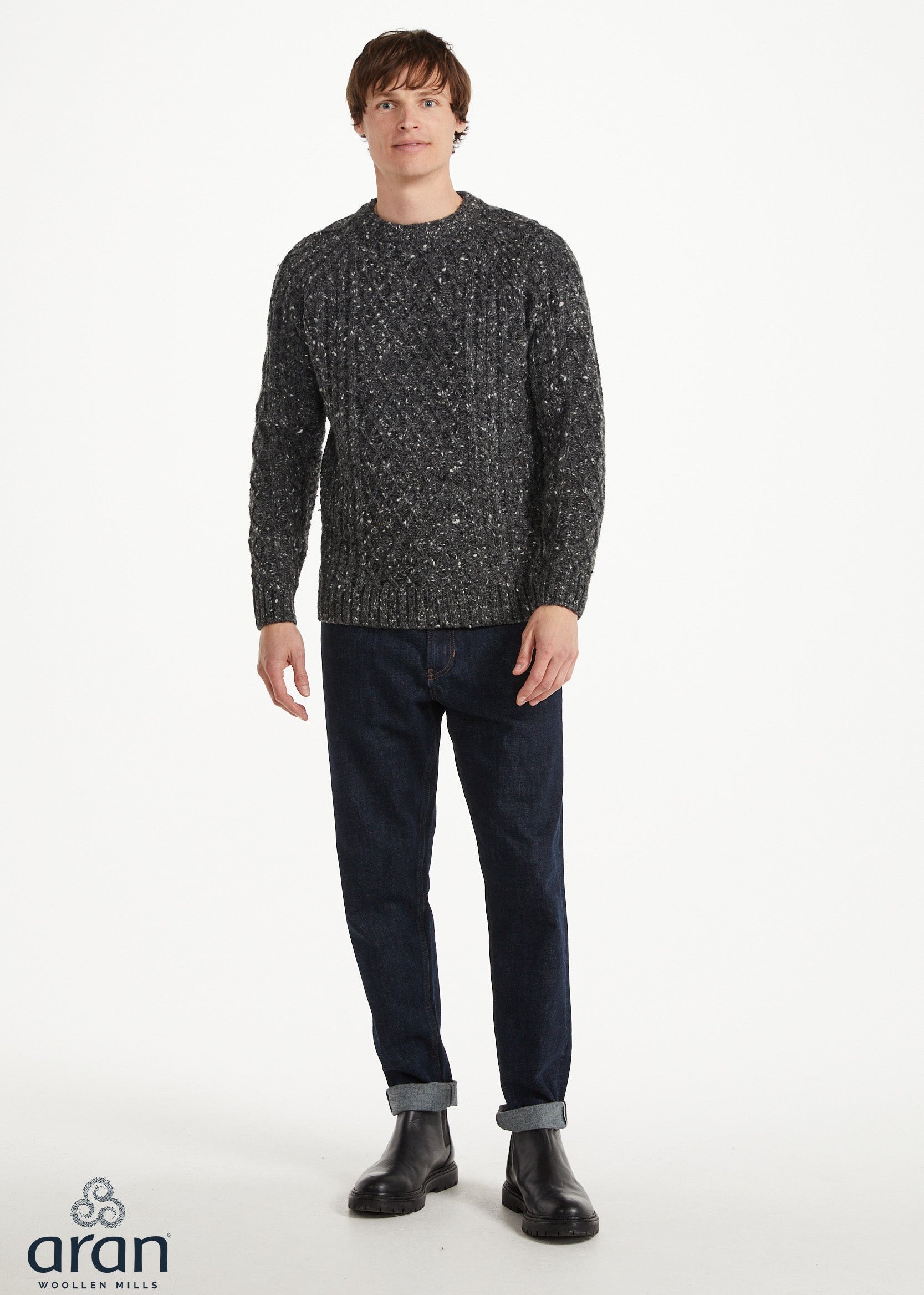 Donegal Tweed Aran Crew Neck Sweater | Charcoal Fleck