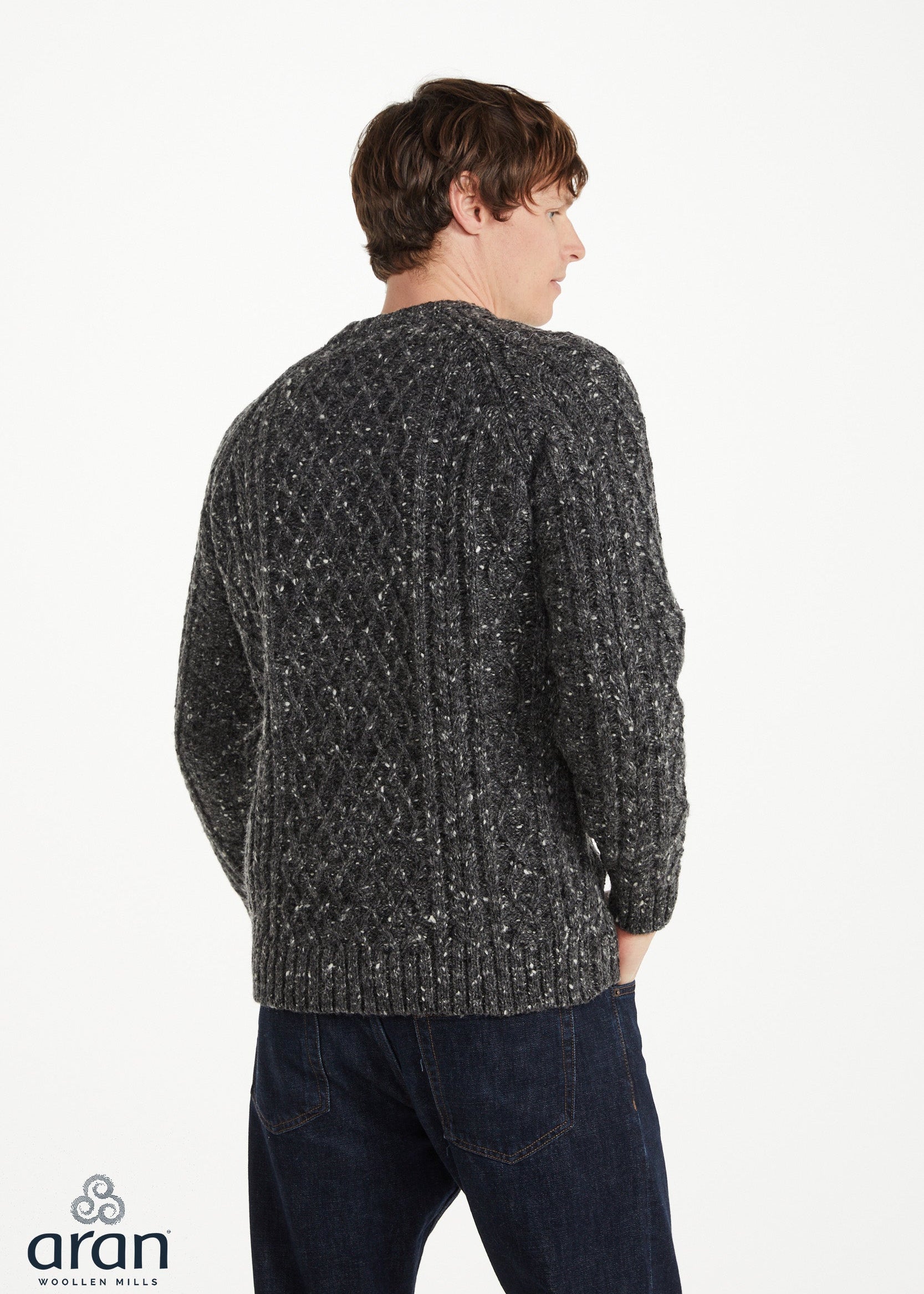 Donegal Tweed Aran Crew Neck Sweater | Charcoal Fleck