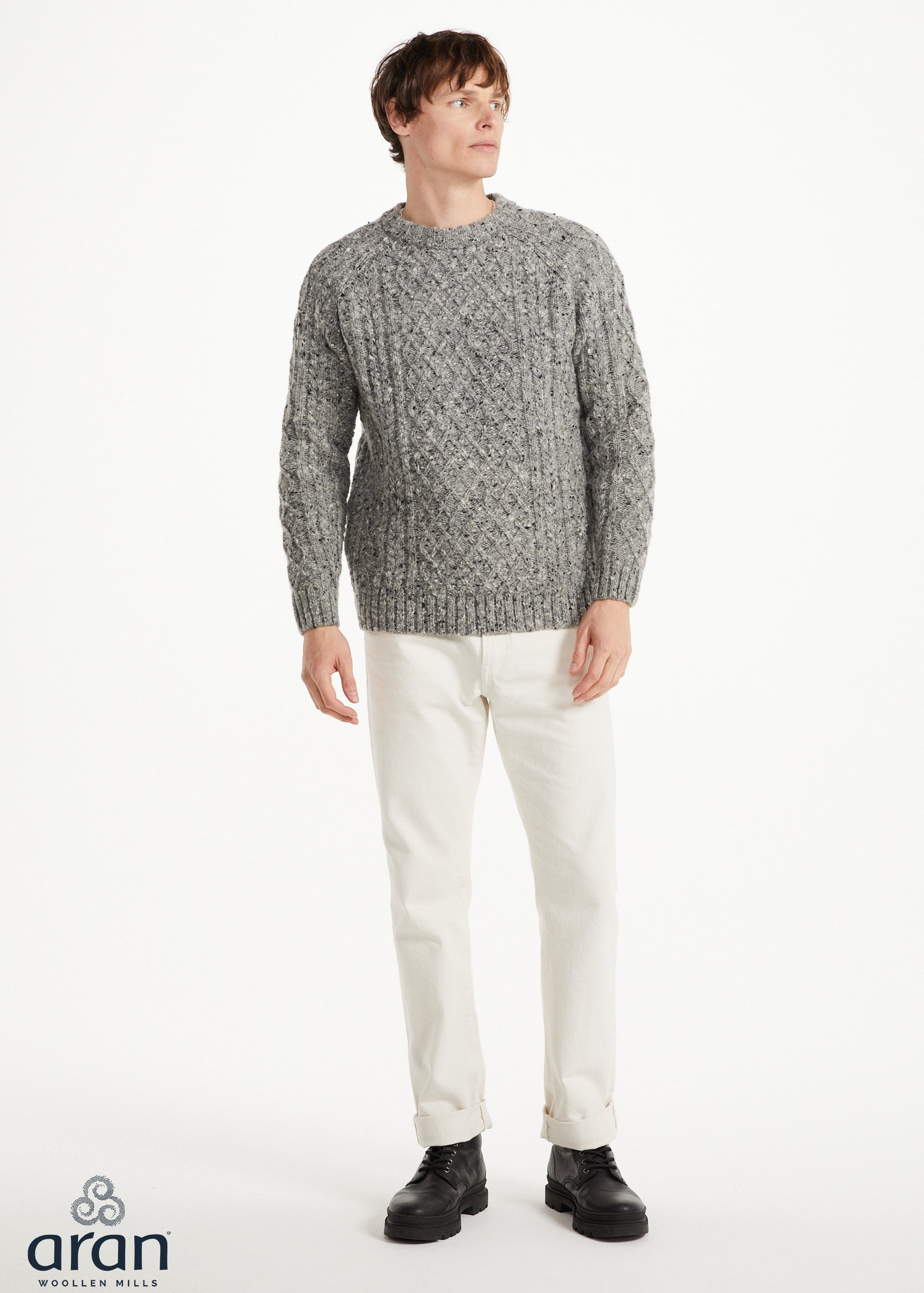 Donegal Tweed Aran Crew Neck Sweater | Silver
