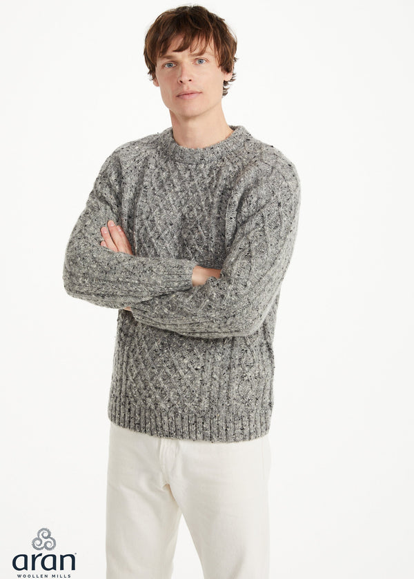 Donegal Tweed Aran Crew Neck Sweater | Silver