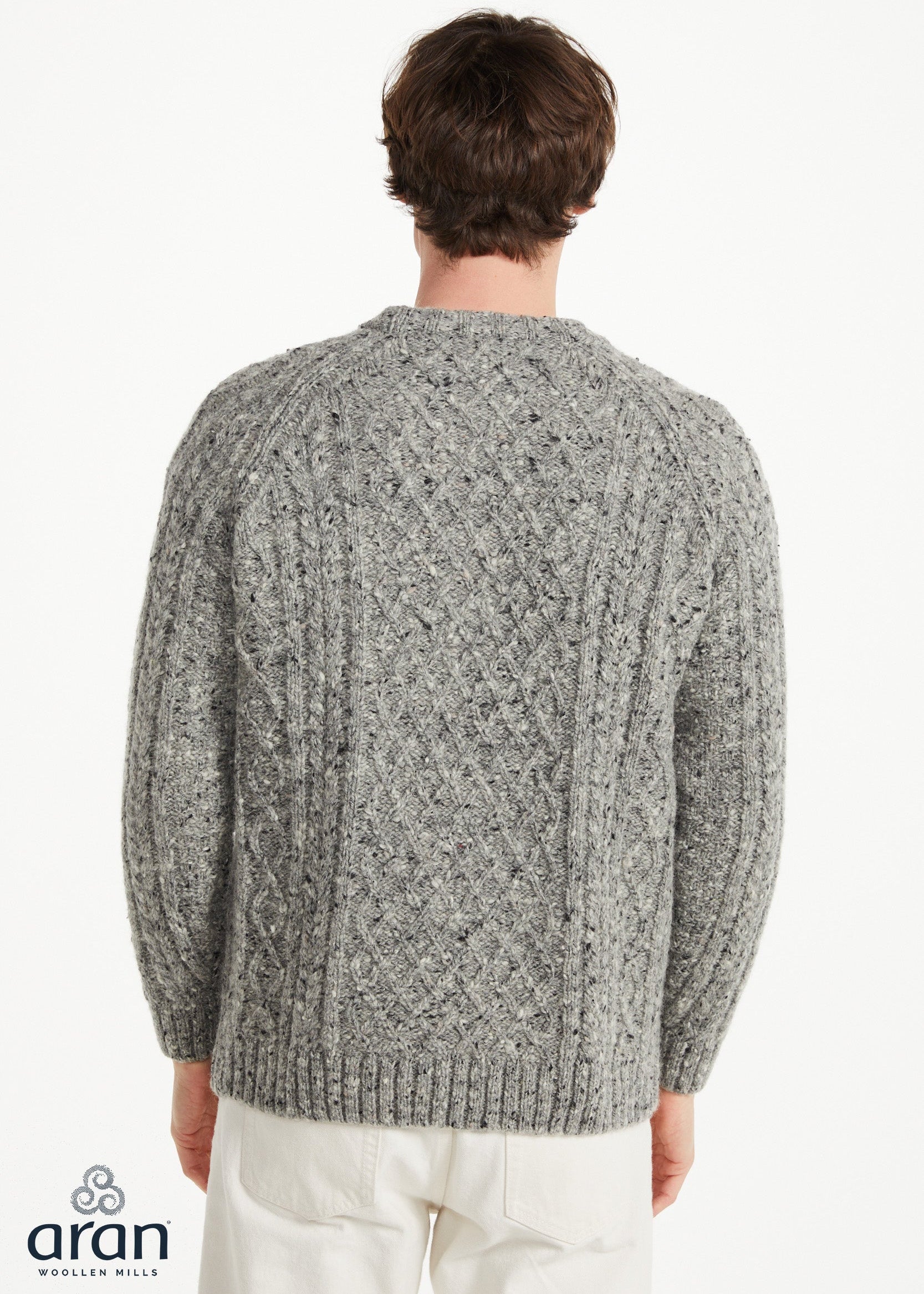 Donegal Tweed Aran Crew Neck Sweater | Silver Fleck