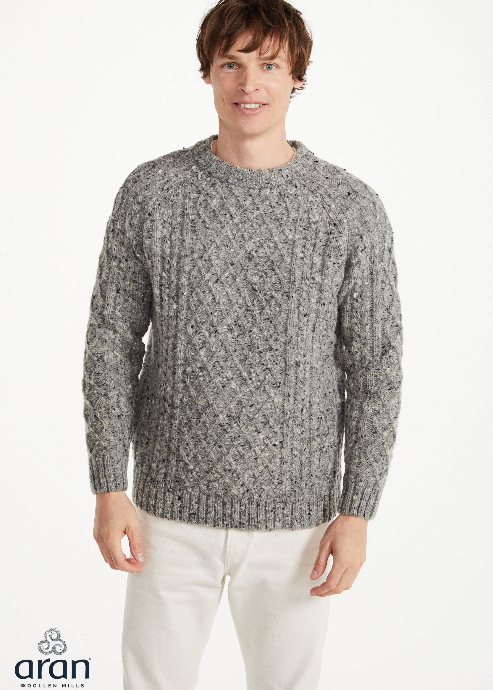 Donegal Tweed Aran Crew Neck Sweater | Silver Fleck