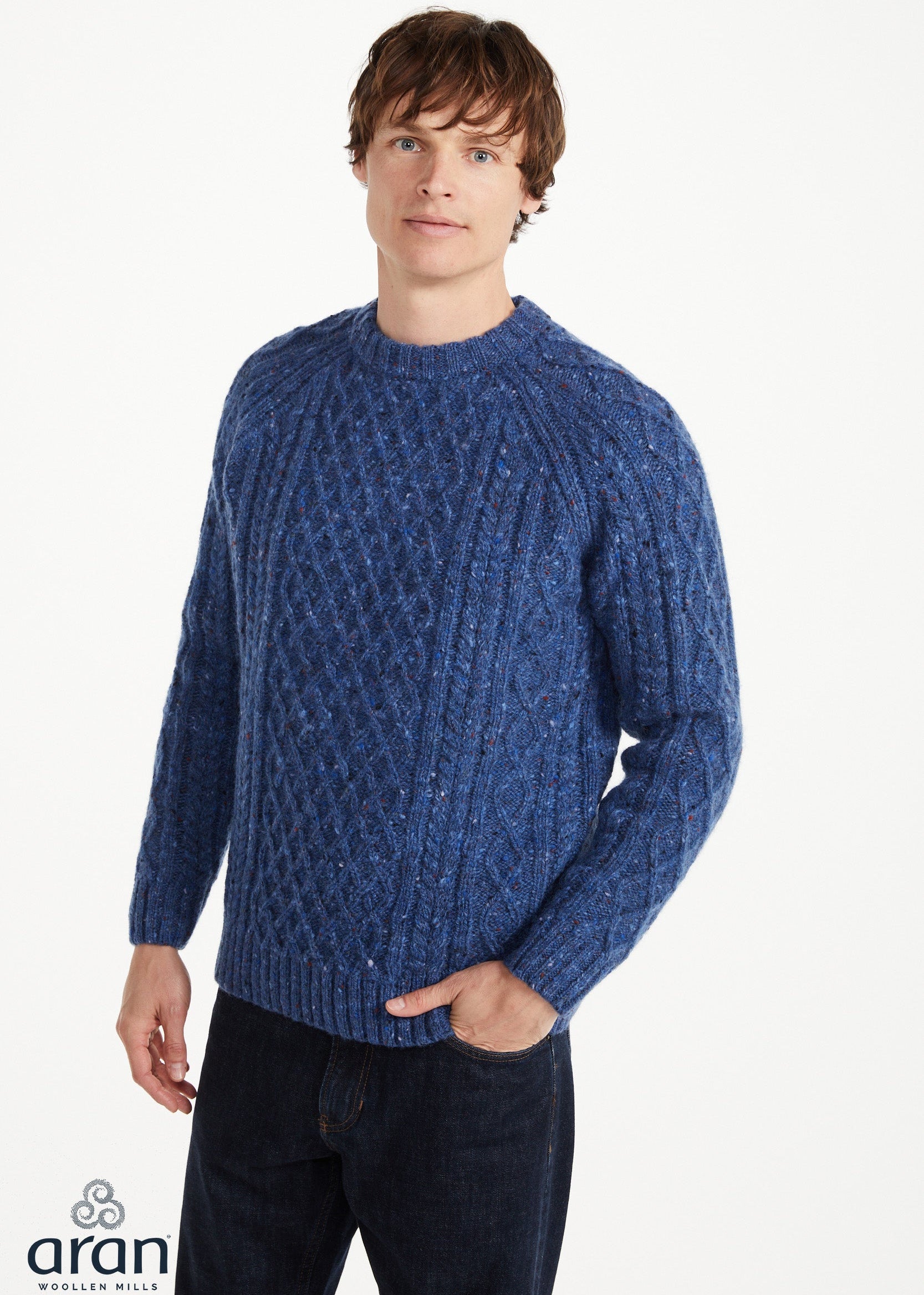 Donegal Tweed Aran Crew Neck Sweater | Blue