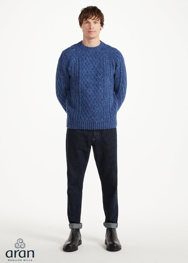 Donegal Tweed Aran Crew Neck Sweater | Blue