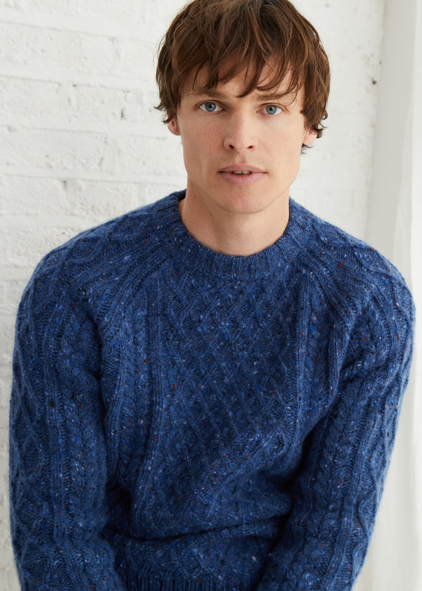 Donegal Tweed Aran Crew Neck Sweater | Blue