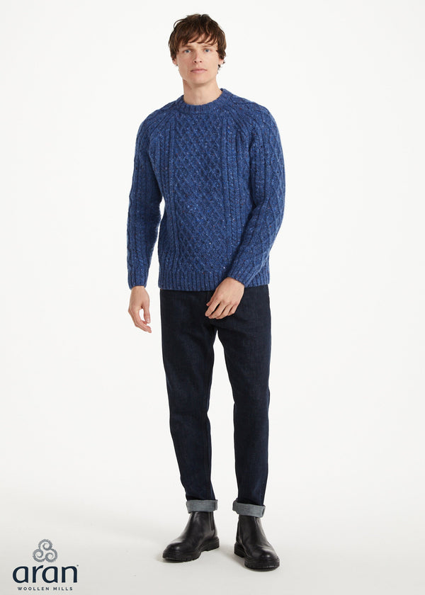 Donegal Tweed Aran Crew Neck Sweater | Blue