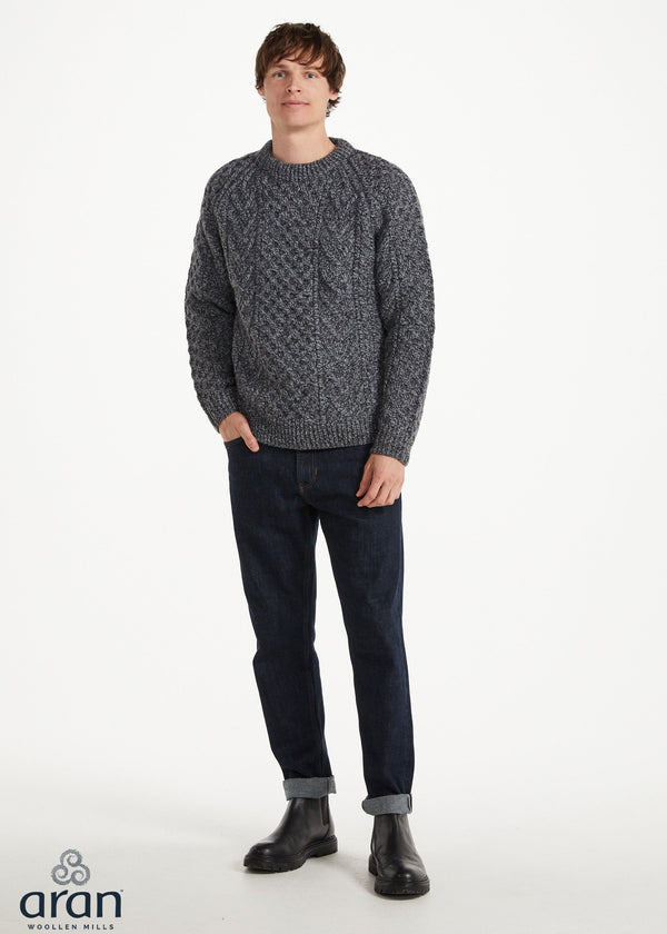 Unisex Aran Handknit Crew Neck Sweater - Silver | 100% Merino Wool