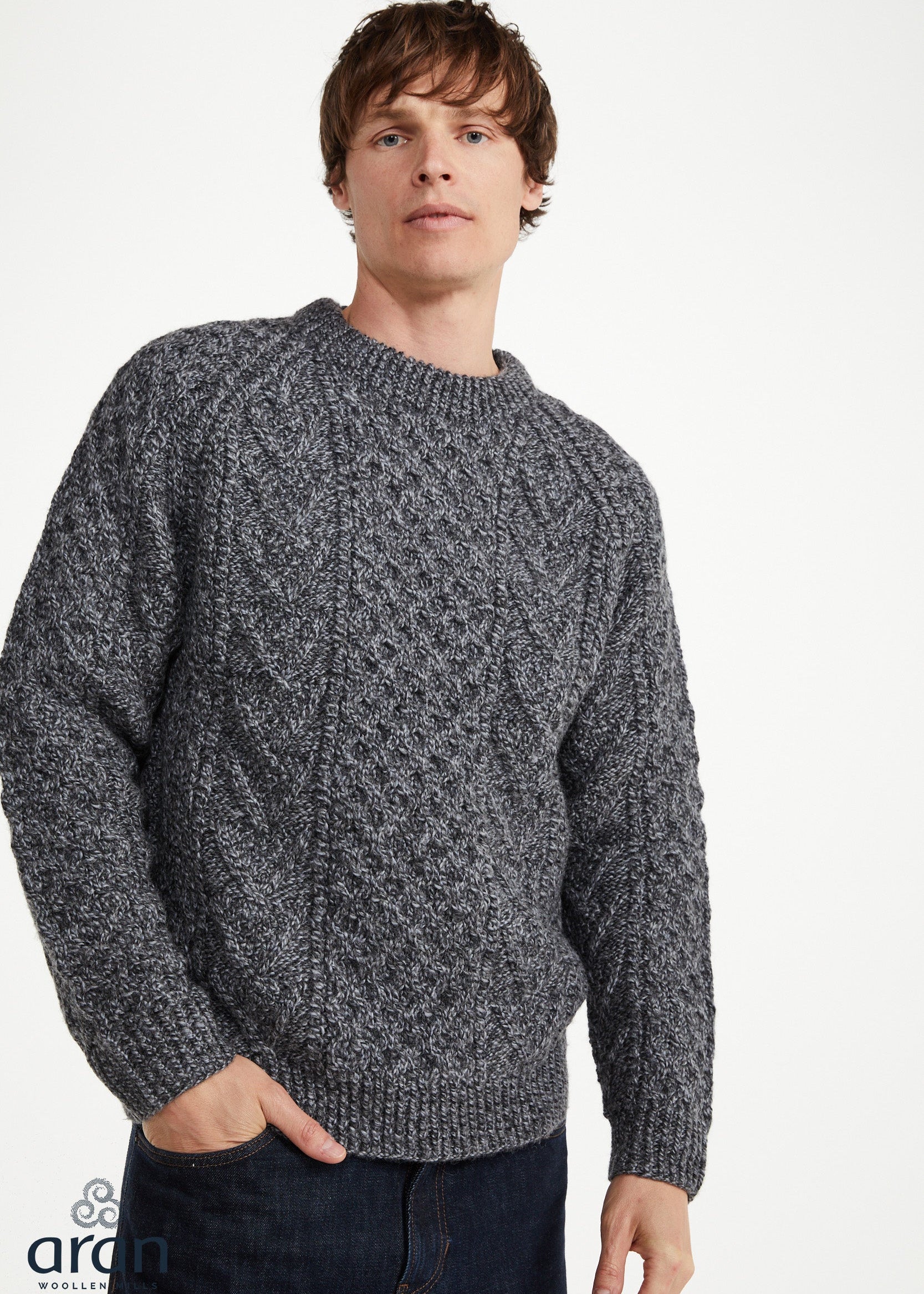 Unisex Aran Handknit Crew Neck Sweater - Silver | 100% Merino Wool