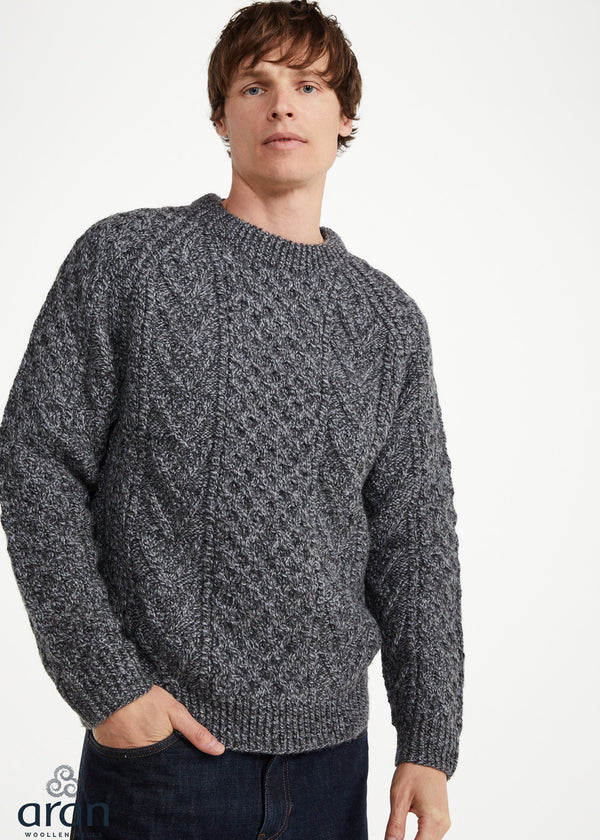 Unisex Aran Handknit Crew Neck Sweater - Silver | 100% Merino Wool