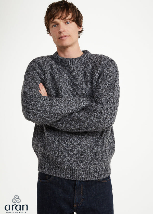 Unisex Aran Handknit Crew Neck Sweater - Silver | 100% Merino Wool
