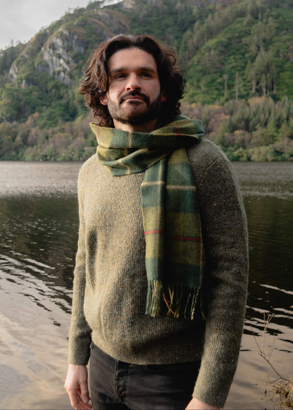 John Hanly Lambswool Scarf | Green Red Cream Plaid