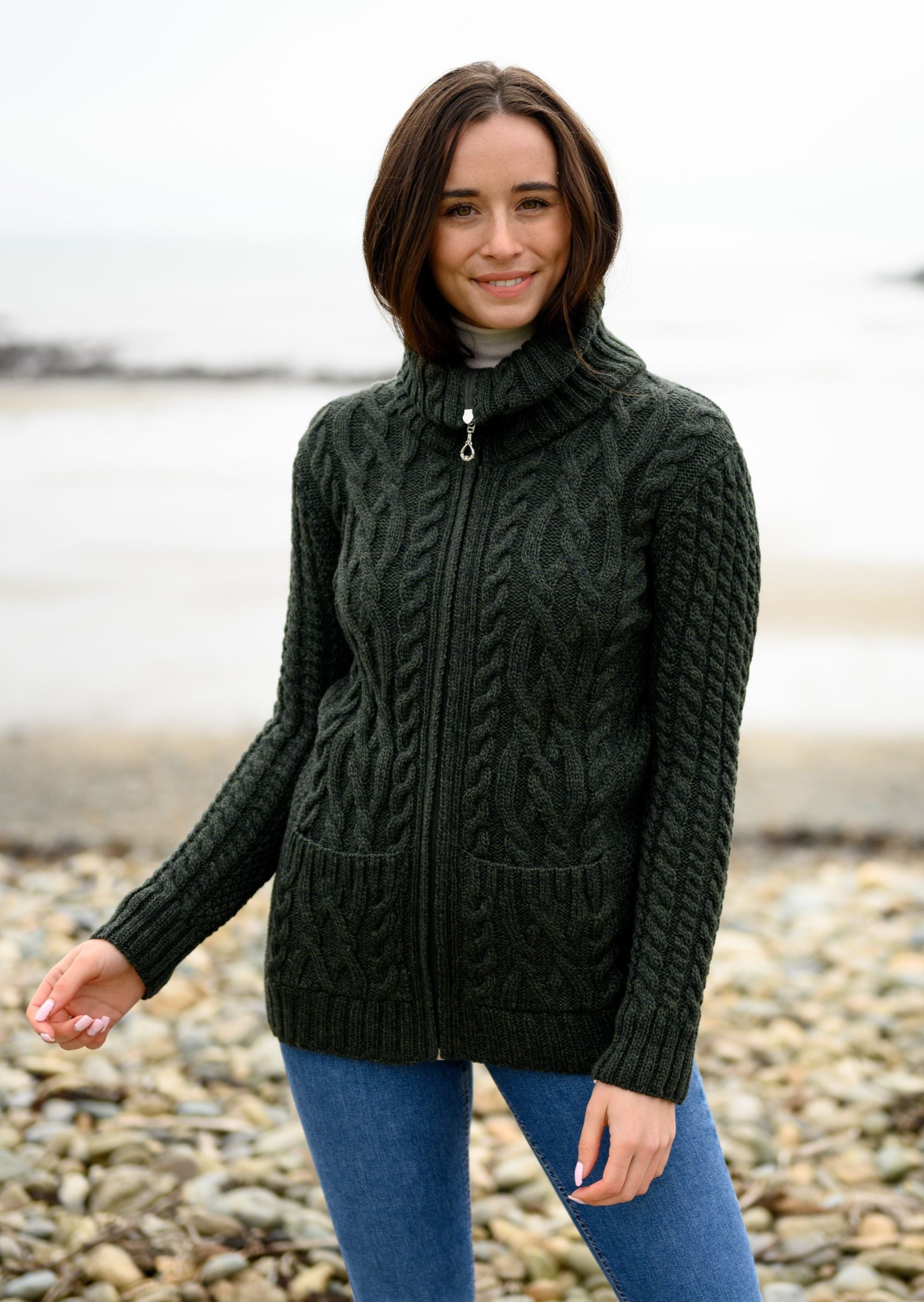 Aran Claddagh Zip Green Cardigan