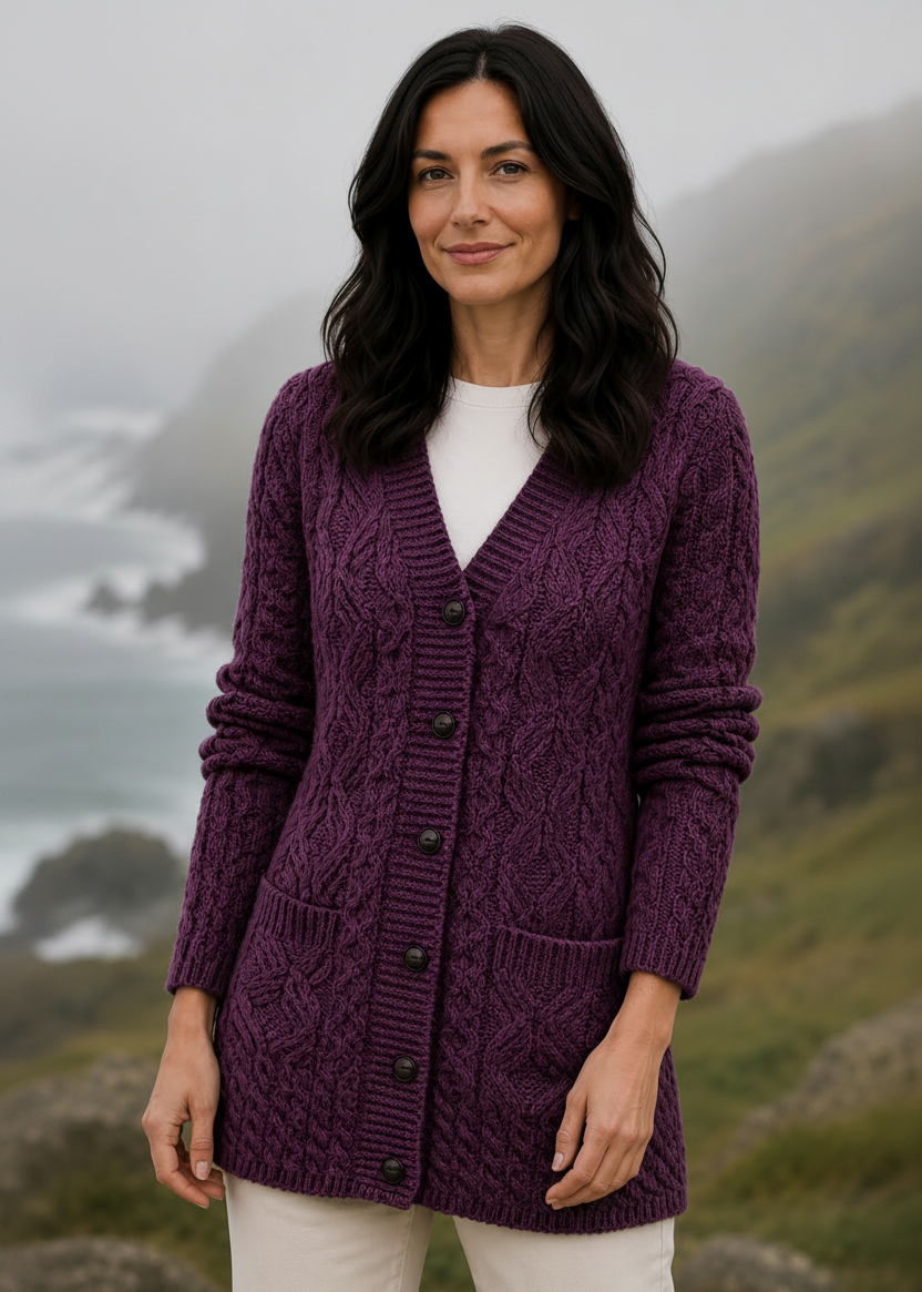 Aran Long Line Merino Cardigan | Purple Haze