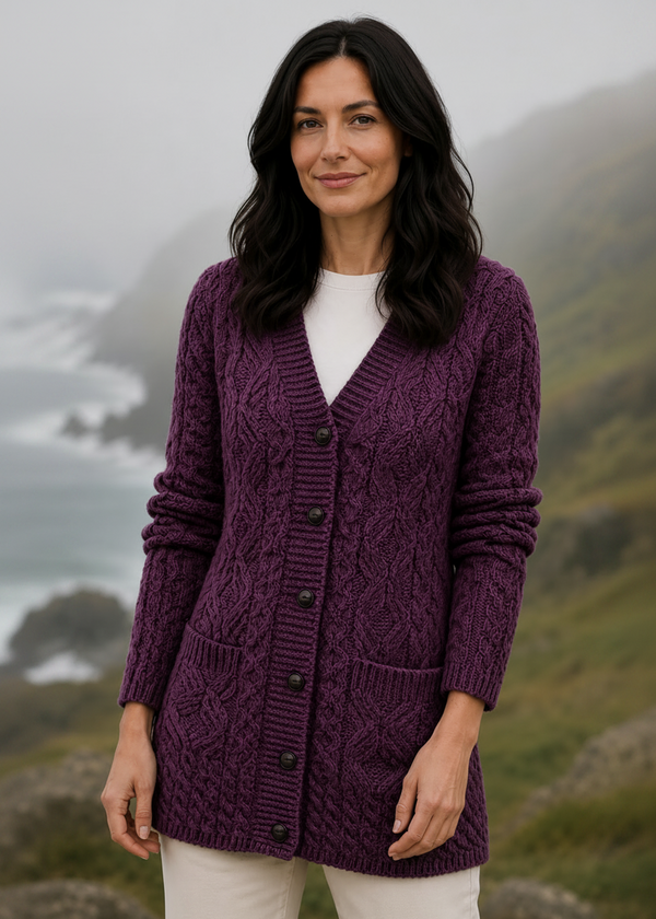 Aran Long Line Merino Cardigan | Purple Haze