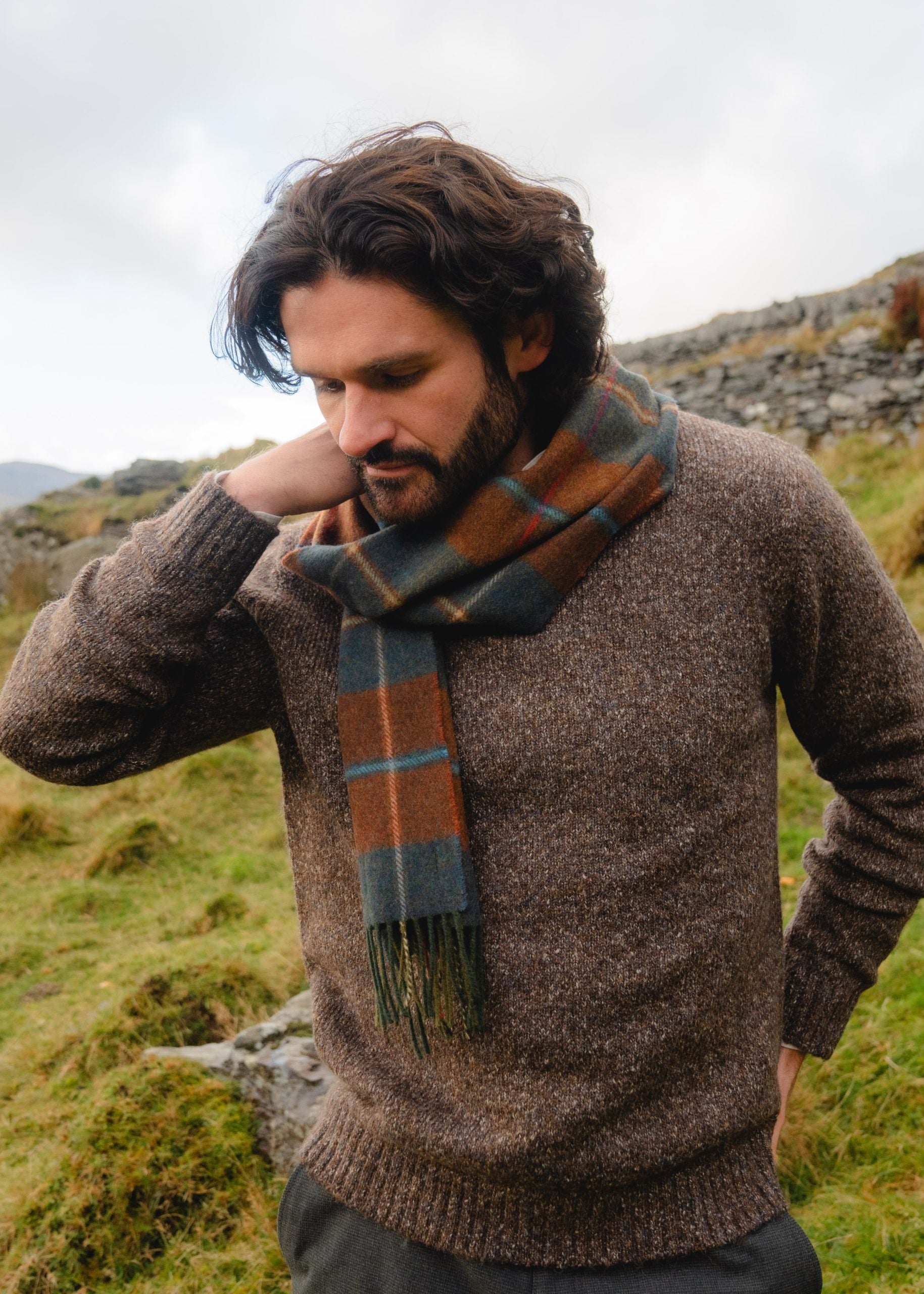 John Hanly Lambswool Scarf | Brown Blue Red Plaid