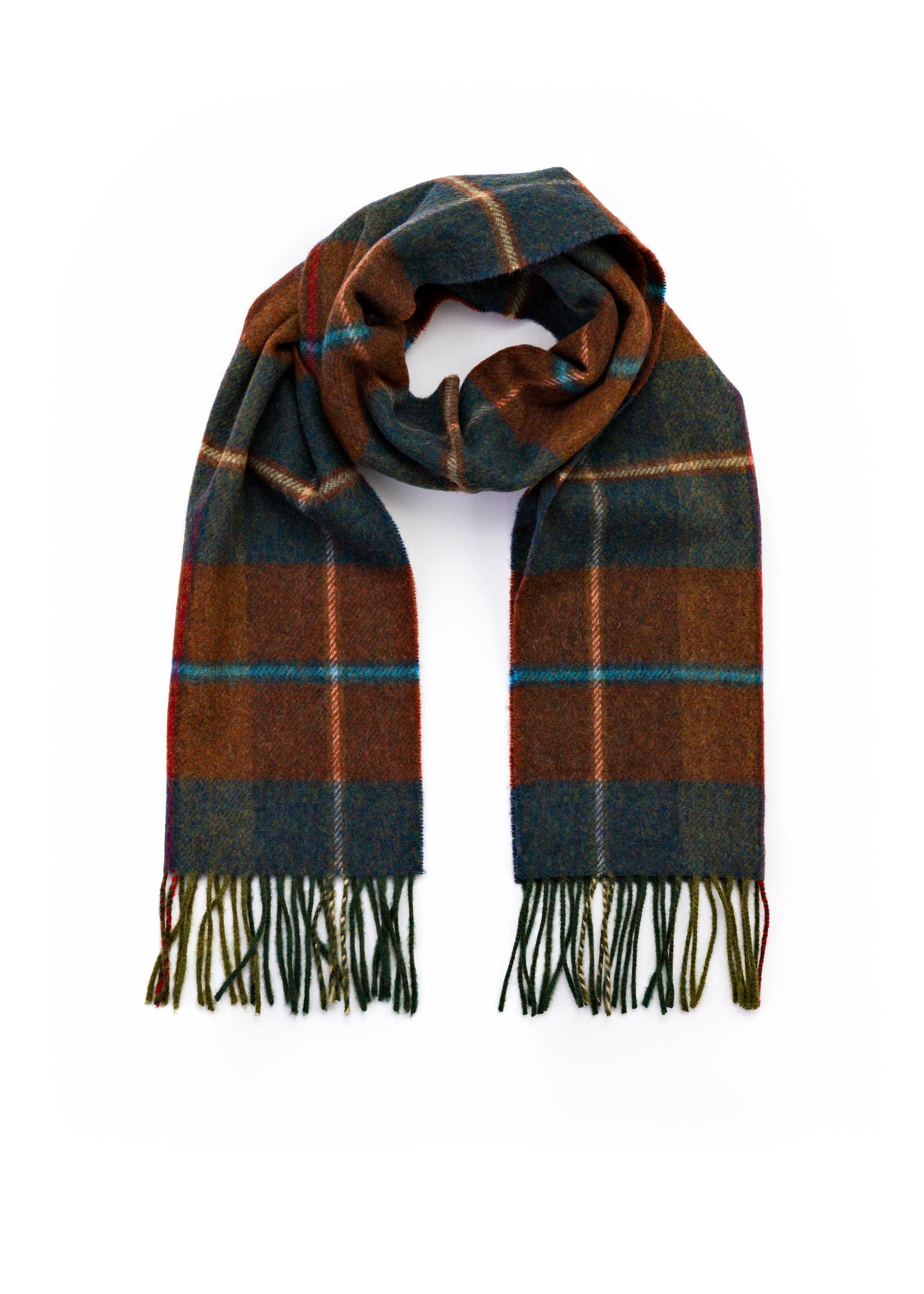 John Hanly Lambswool Scarf | Brown Blue Red Plaid