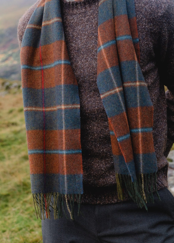 John Hanly Lambswool Scarf | Brown Blue Red Plaid