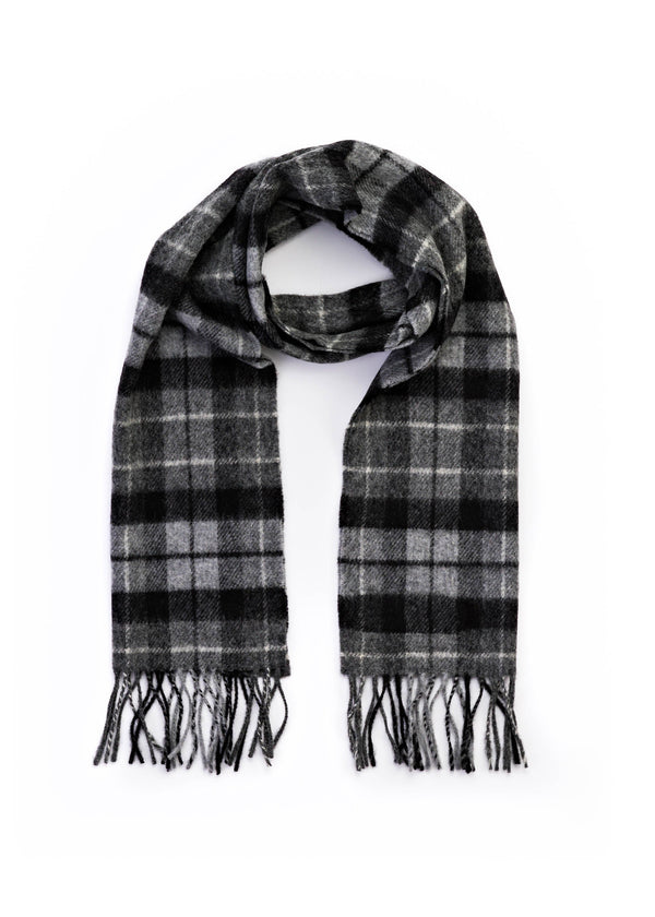 John Hanly Lambswool Scarf | Grey Silver Charcoal Plaid