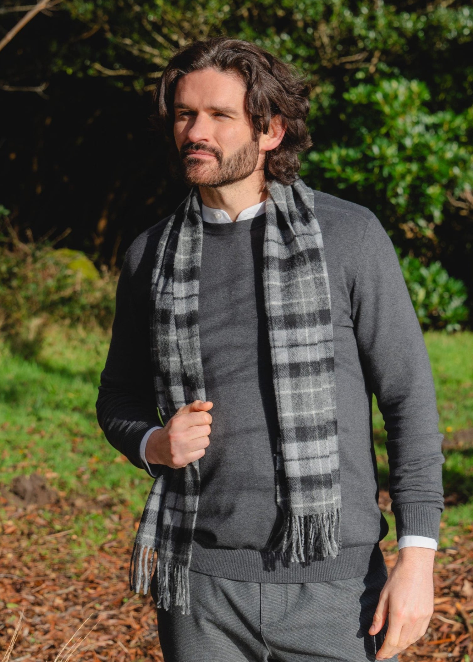 John Hanly Lambswool Scarf | Grey Silver Charcoal Plaid