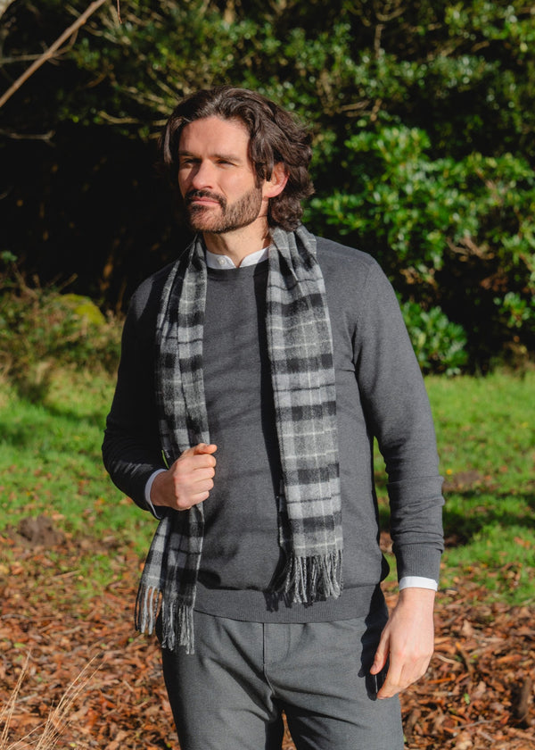 John Hanly Lambswool Scarf | Grey Silver Charcoal Plaid | Irish Made