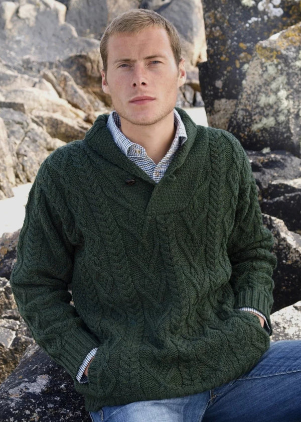 Dublin Shawl Collar Aran Sweater | Green