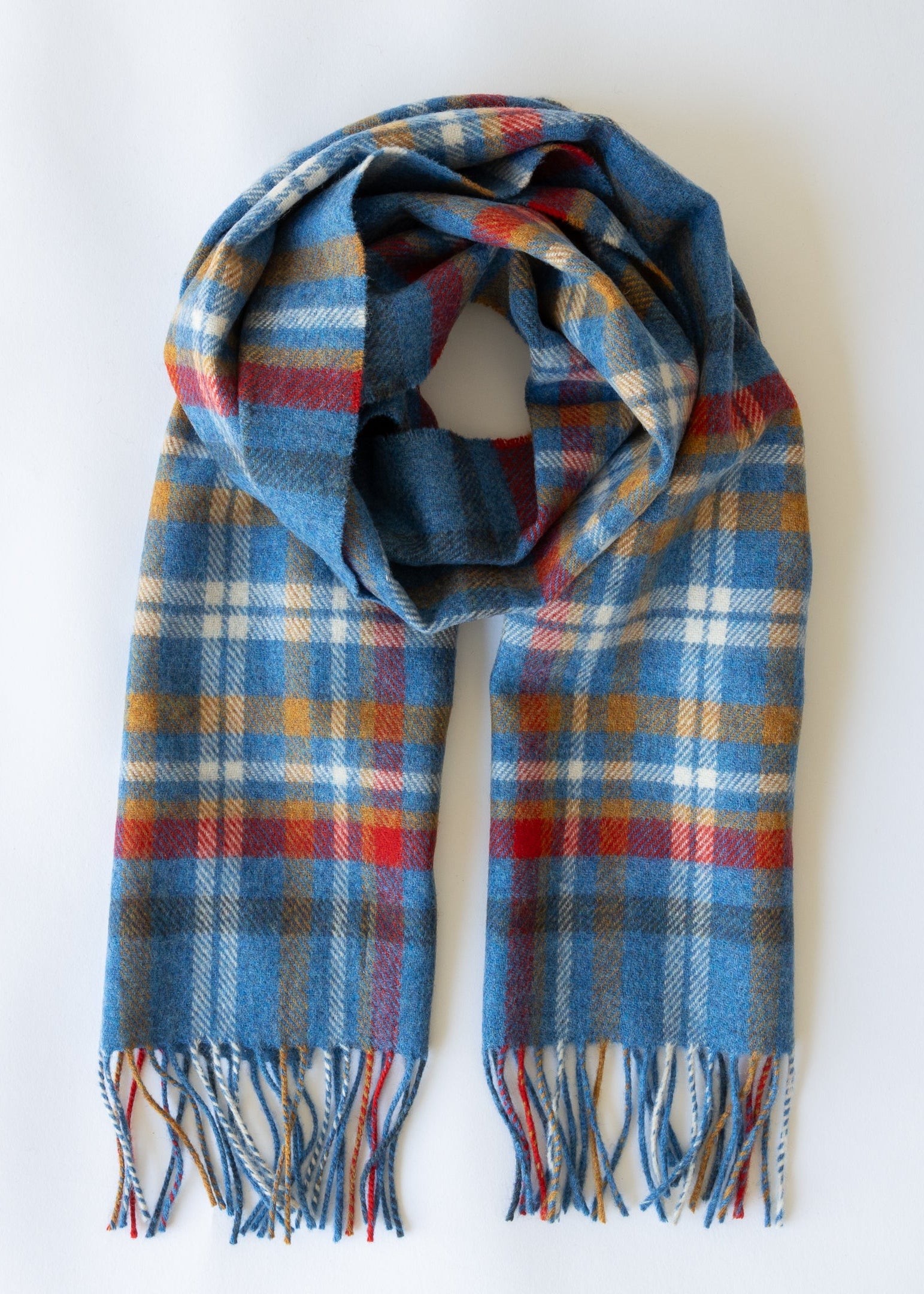 Irish Wool Scarf Short Blue Red Mustard Check