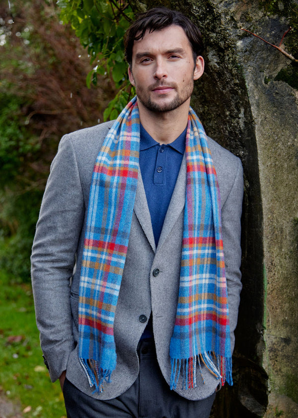 Irish Wool Scarf Short Blue Red Mustard Check