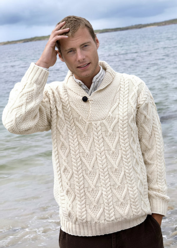 Men's Dublin Shawl Collar Aran Sweater | Natural Merino Wool